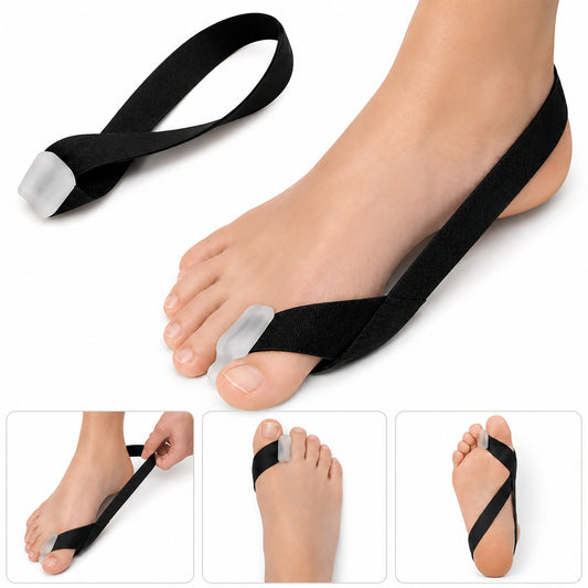 Écarteur d'orteils pour hallux valgus avec bande de correction élastique qui aide à redresser le gros orteil et à réduire la pression sur l'articulation du gros orteil.
