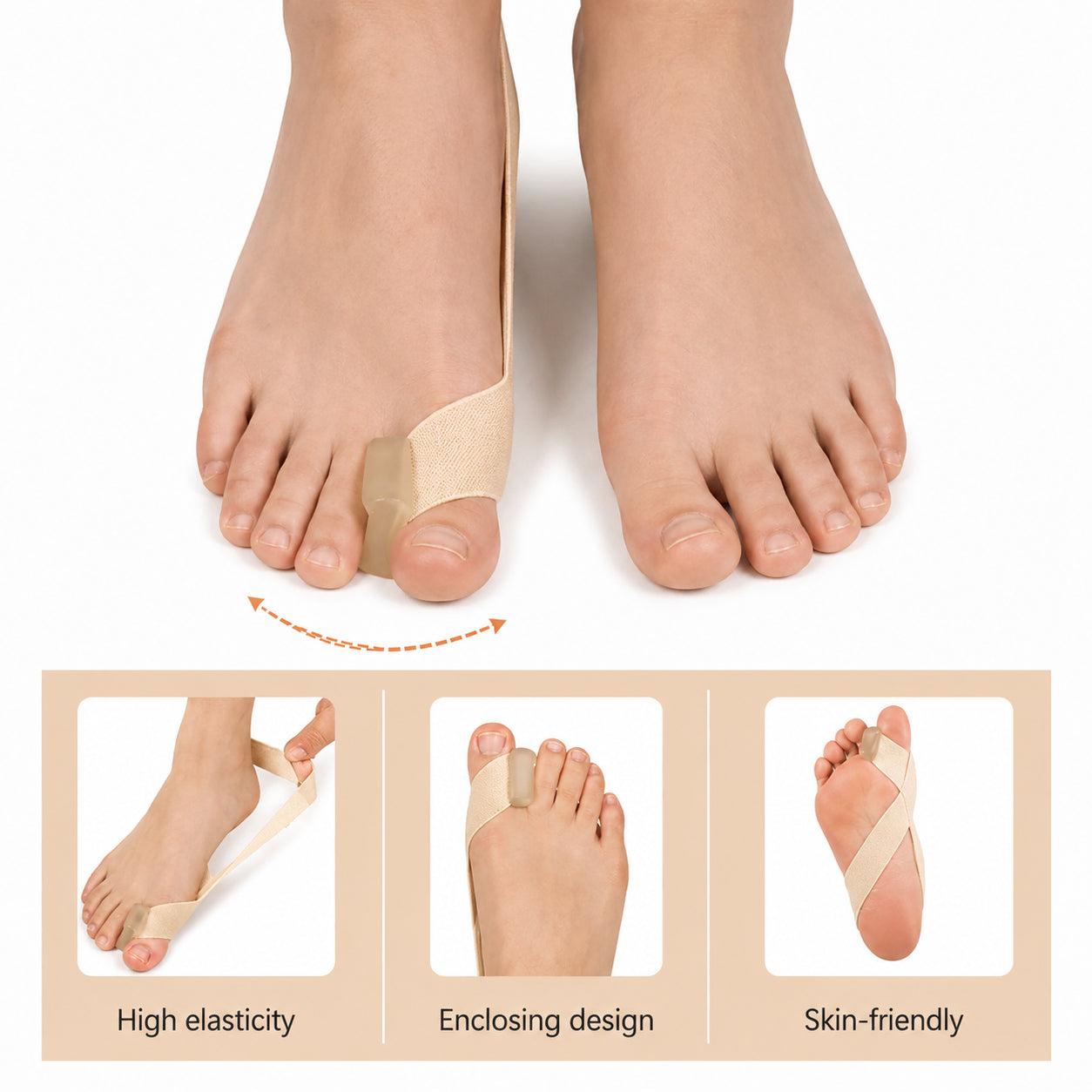 Écarteur d'orteils pour hallux valgus avec bande de correction élastique qui aide à redresser le gros orteil et à réduire la pression sur l'articulation du gros orteil.