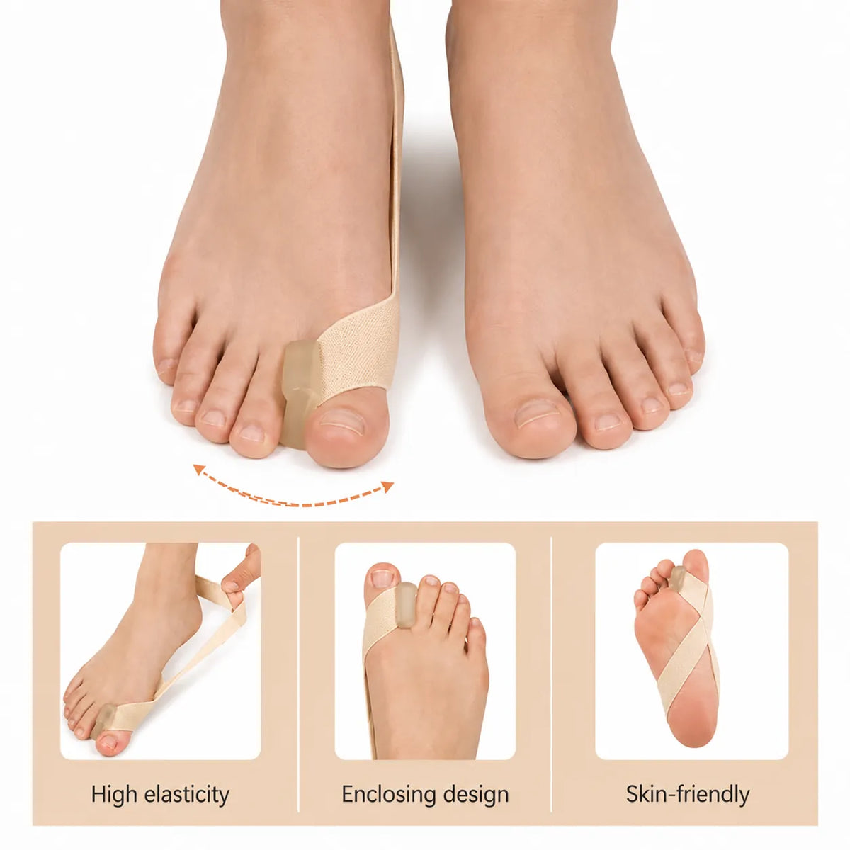 Écarteur d'orteils pour hallux valgus avec bande de correction élastique qui aide à redresser le gros orteil et à réduire la pression sur l'articulation du gros orteil.