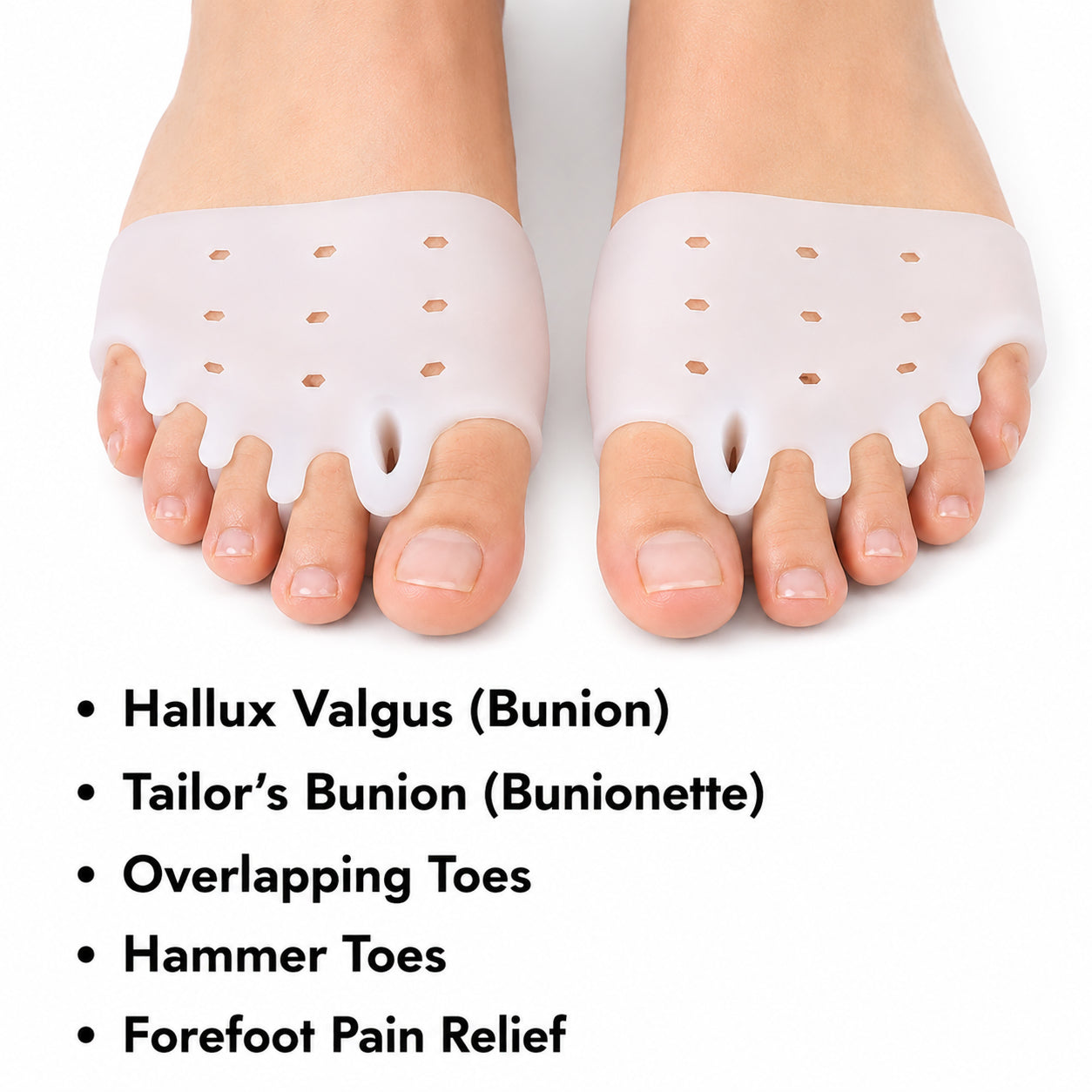 Écarteur d'orteils en silicone doux avec cinq boucles pour orteils qui aident à redresser les orteils, réduire la pression en cas d'hallux valgus et soulager l'avant-pied.