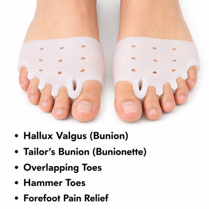 Écarteur d'orteils en silicone doux avec cinq boucles pour orteils qui aident à redresser les orteils, réduire la pression en cas d'hallux valgus et soulager l'avant-pied.