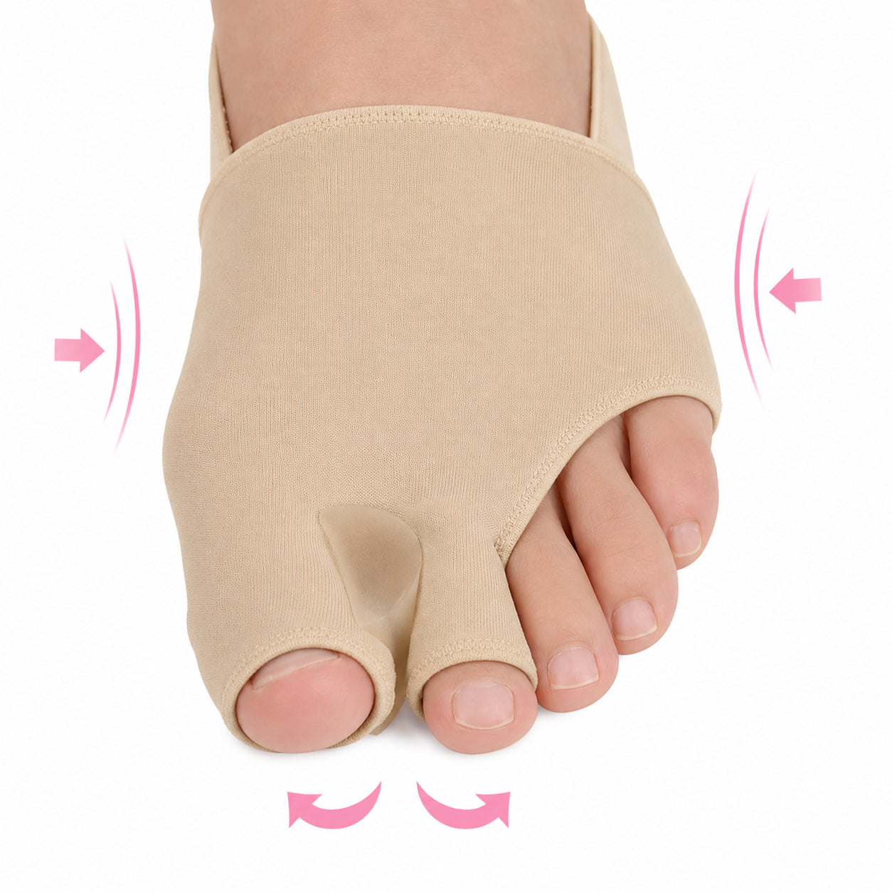 Soutien pour hallux valgus avec séparateur en silicone intégré qui aide à redresser le gros orteil, réduit la pression sur l'articulation du gros orteil et apporte un soutien confortable.
