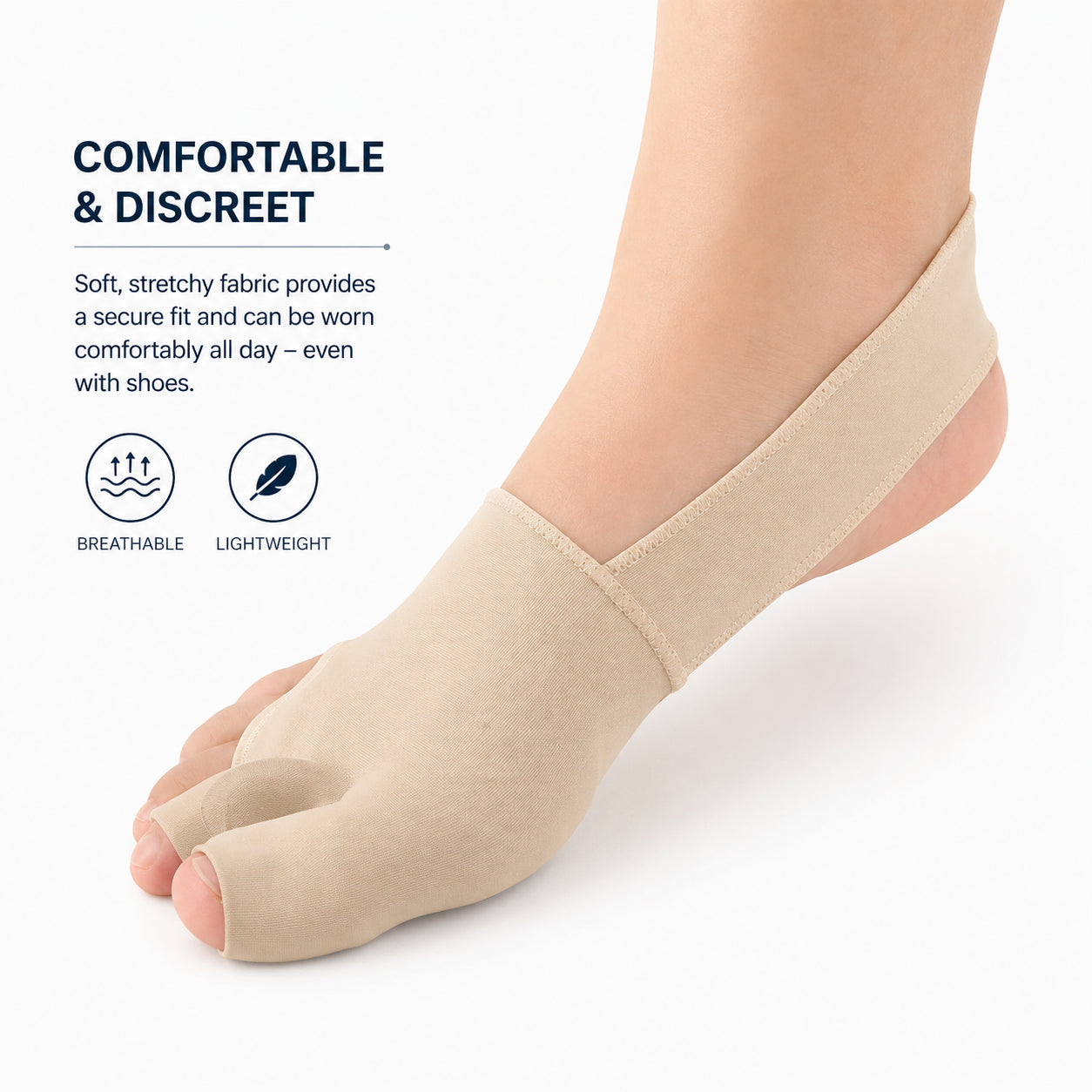 Soutien pour hallux valgus avec bande de correction élastique offrant soutien, aidant à redresser le gros orteil et pouvant se porter confortablement dans les chaussures.