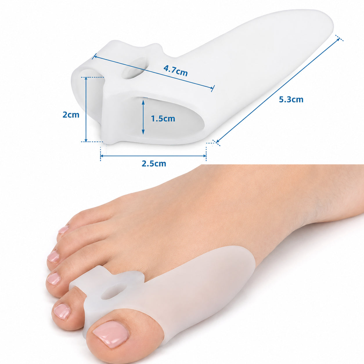 Guide des tailles pour protection en silicone contre l'hallux valgus avec dimensions du produit et exemples de port sur le pied.
