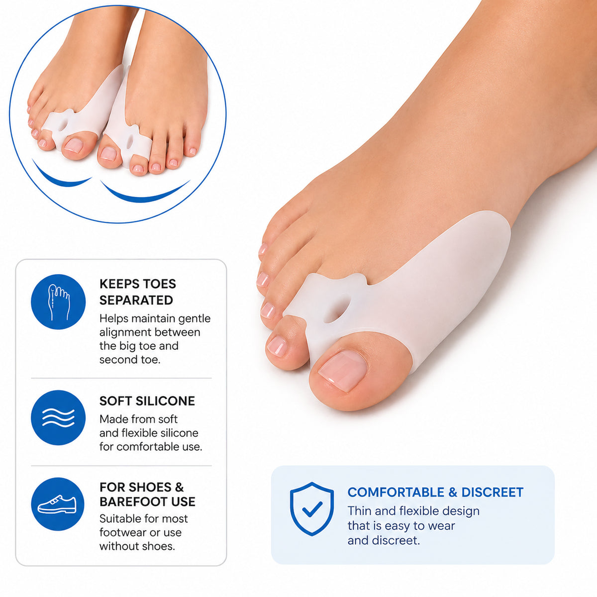 Épandeur d'orteils en silicone à l'hallux valgus avec un design doux et flexible qui maintient le gros orteil et l'orteil adjacent séparés.
