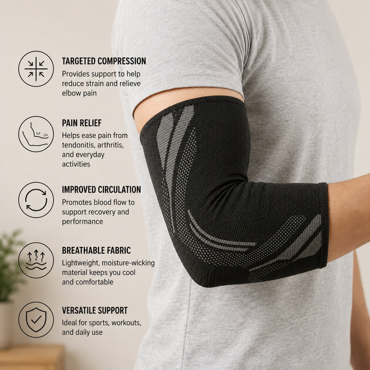 Manchon de compression pour épicondylite (tennis elbow) avec illustration des caractéristiques et des avantages du soutien.