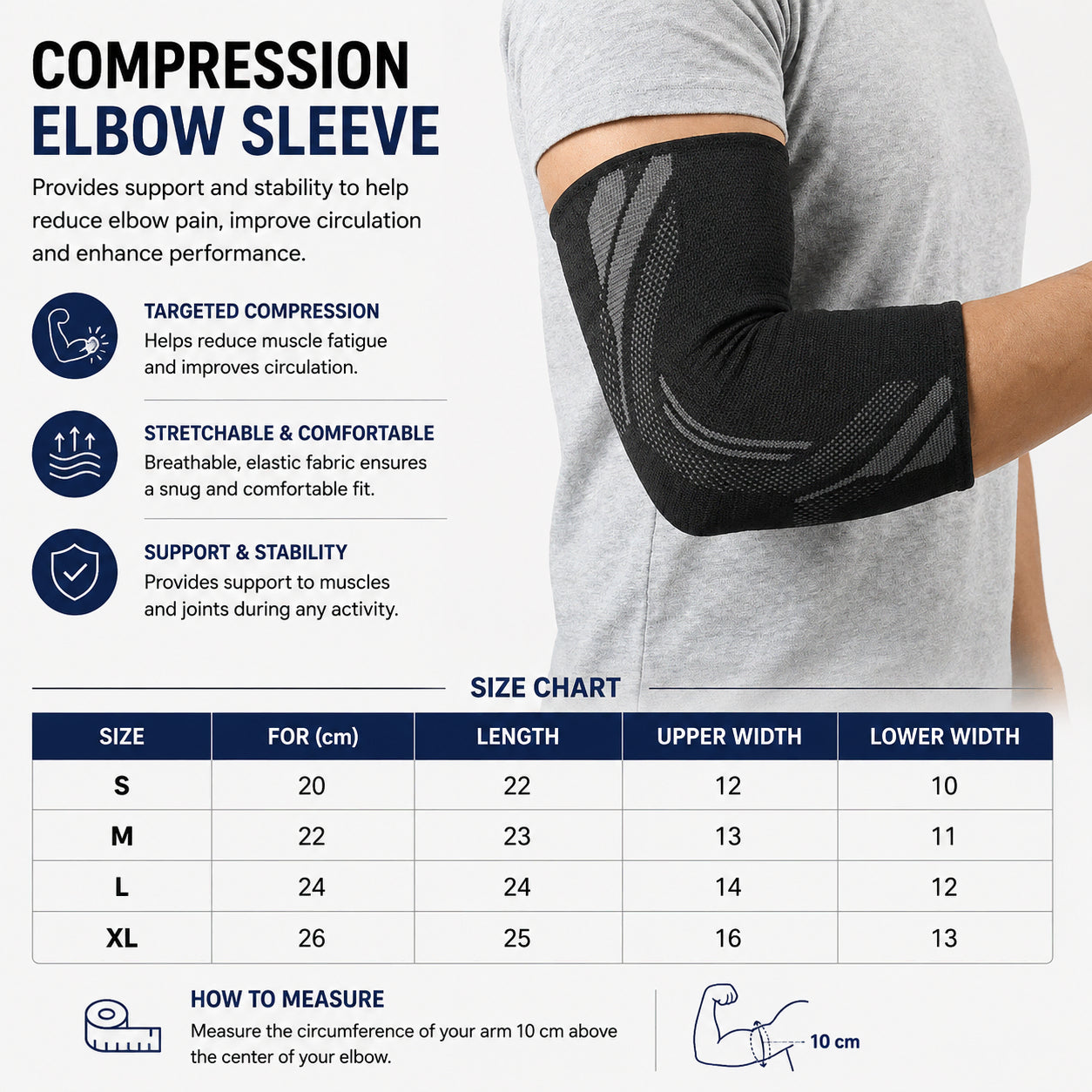 Guide des tailles et présentation du produit pour manchon de compression pour épicondylite (tennis elbow) avec tableau des tailles.