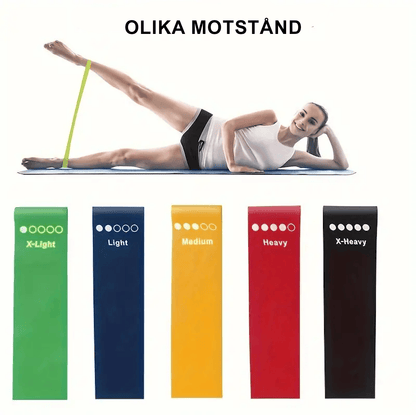 Träningsband för hemmaträning av ben och säte i olika färger och styrkor