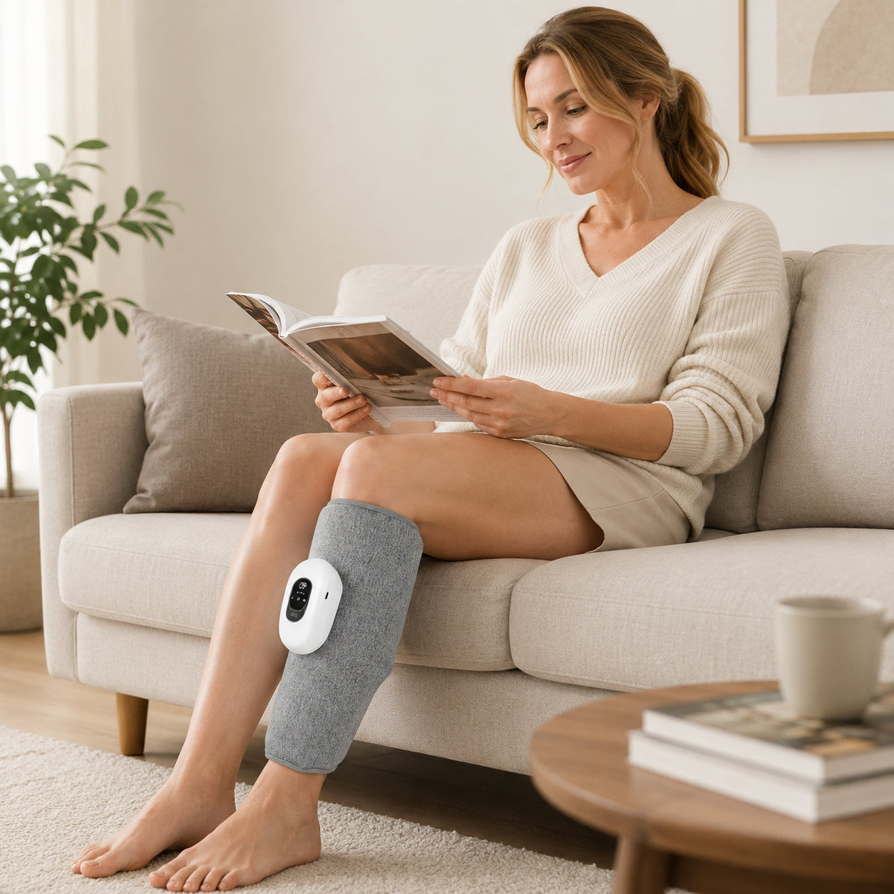 Massage du mollet avec technique de compression utilisée autour du mollet lors d'un moment de détente à la maison.
