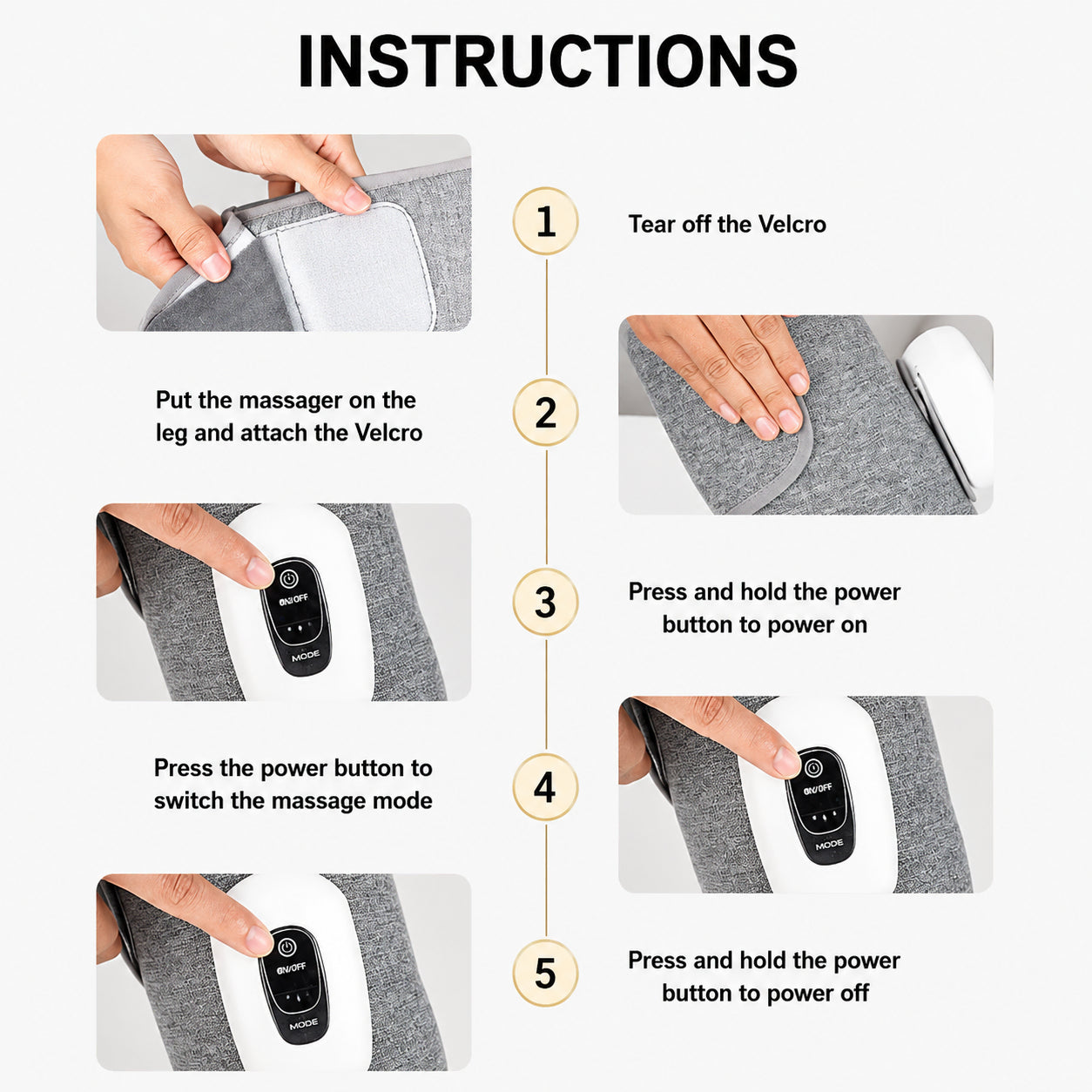 Instructions pour le massage des mollets avec technique de compression avec étapes d'assemblage, de démarrage, de sélection du mode de massage et d'arrêt.