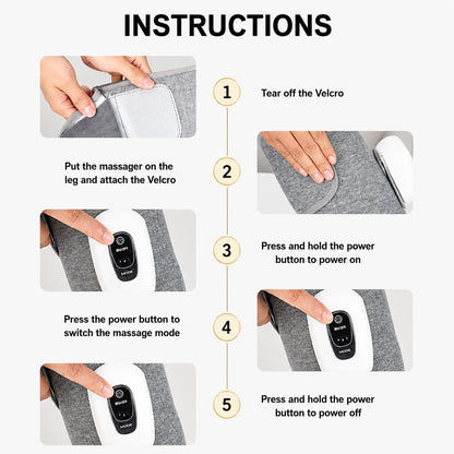 Instructions pour le massage des mollets avec technique de compression avec étapes d'assemblage, de démarrage, de sélection du mode de massage et d'arrêt.