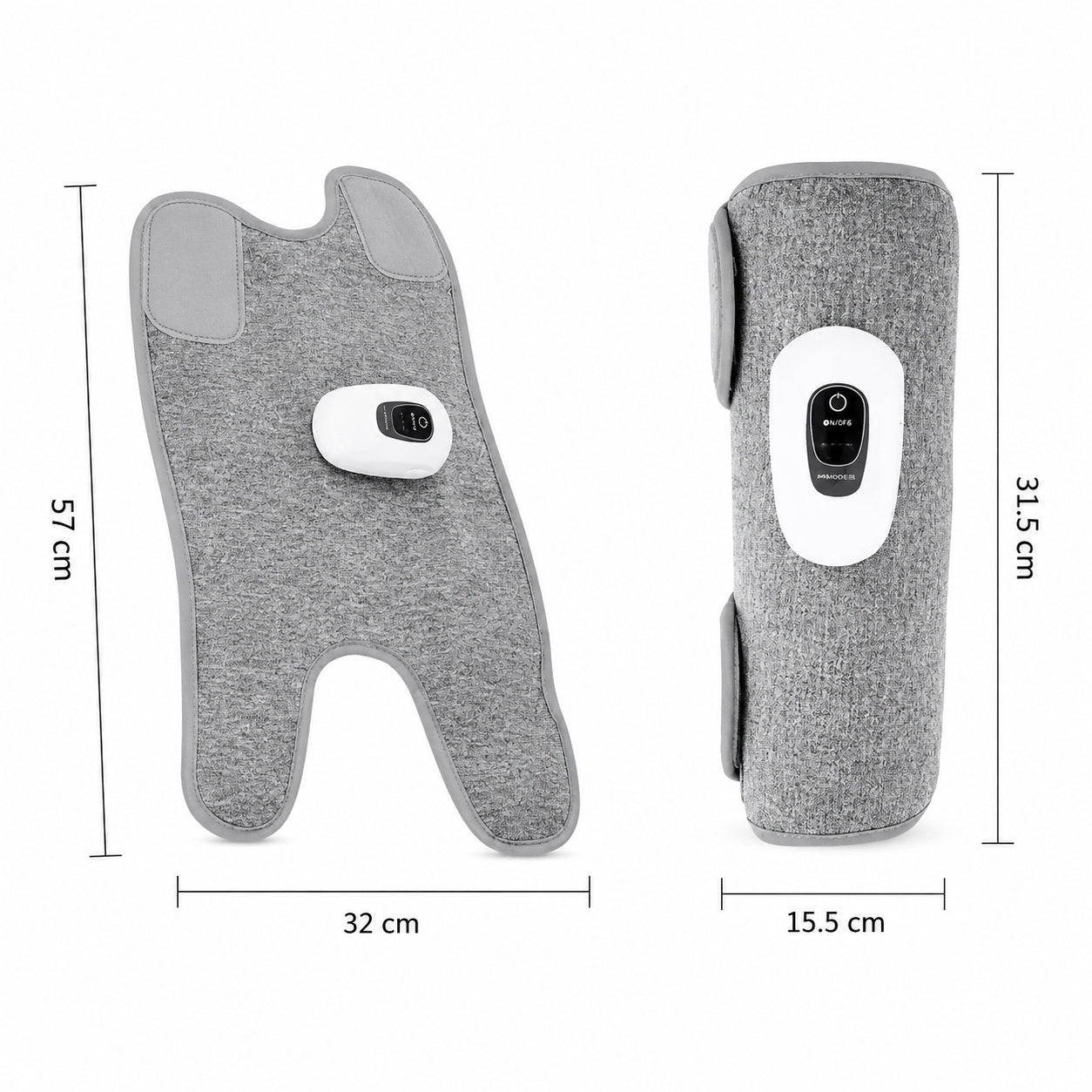 Massage des mollets avec technologie de compression dans un format déplié et enroulé avec des dimensions de produit de 57 × 32 cm.