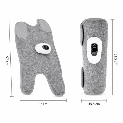 Massage des mollets avec technologie de compression dans un format déplié et enroulé avec des dimensions de produit de 57 × 32 cm.