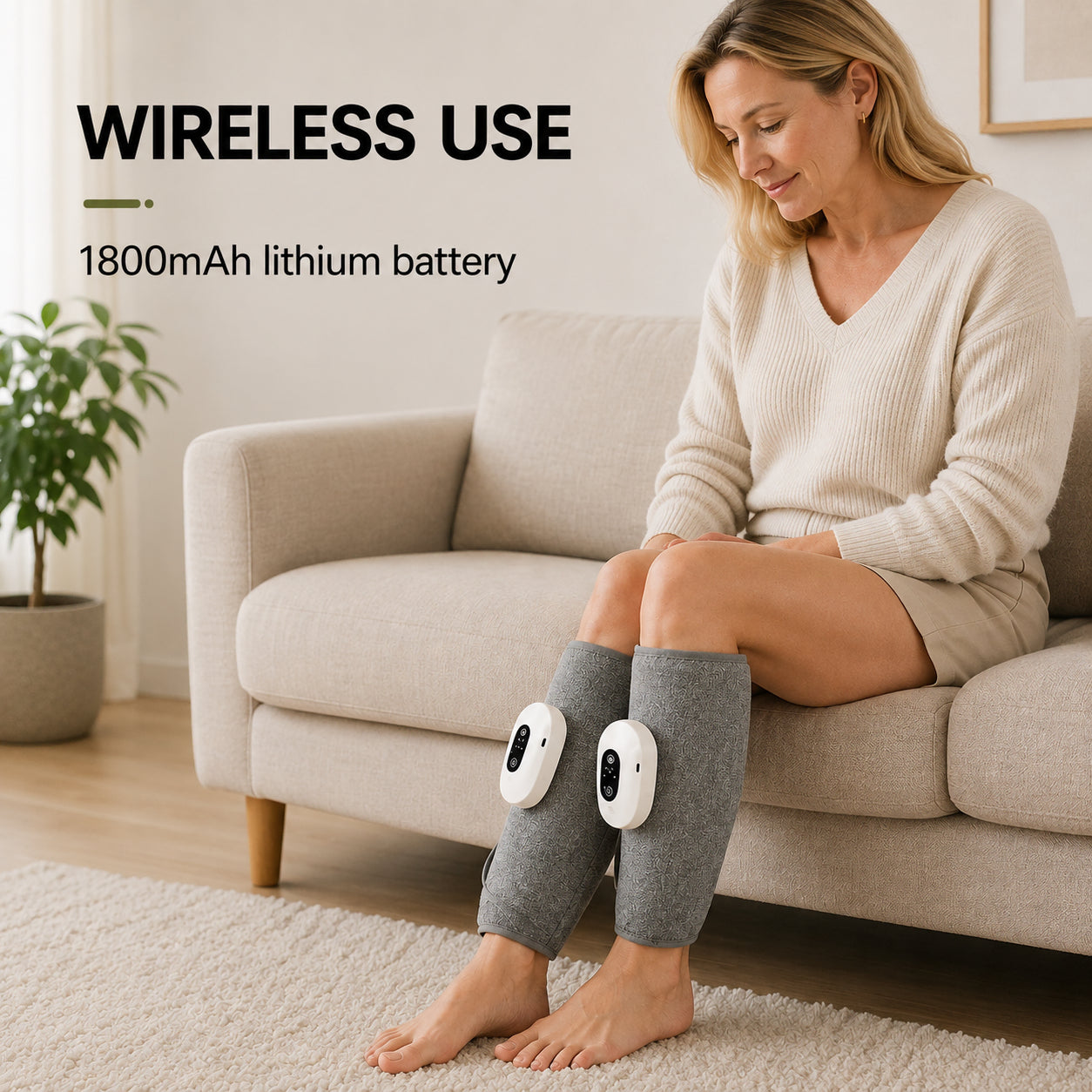 Massage des mollets sans fil avec technologie de compression et batterie au lithium rechargeable de 1800 mAh pour une utilisation à la maison.