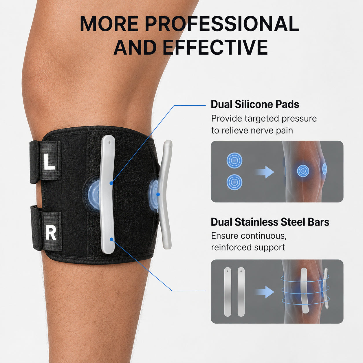 Soutien de mollet avec compression montrant des coussinets en silicone et un renfort métallique pour un soutien ciblé et une stabilité.