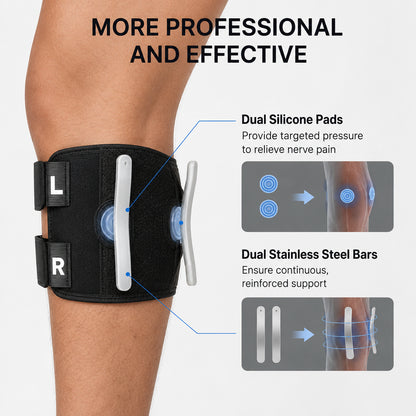 Soutien de mollet avec compression montrant des coussinets en silicone et un renfort métallique pour un soutien ciblé et une stabilité.