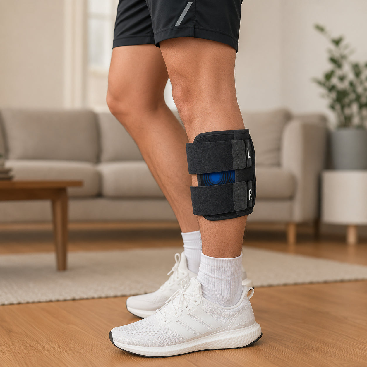 Un homme utilise un soutien de mollet réglable avec compression pour un soutien et une récupération au quotidien.