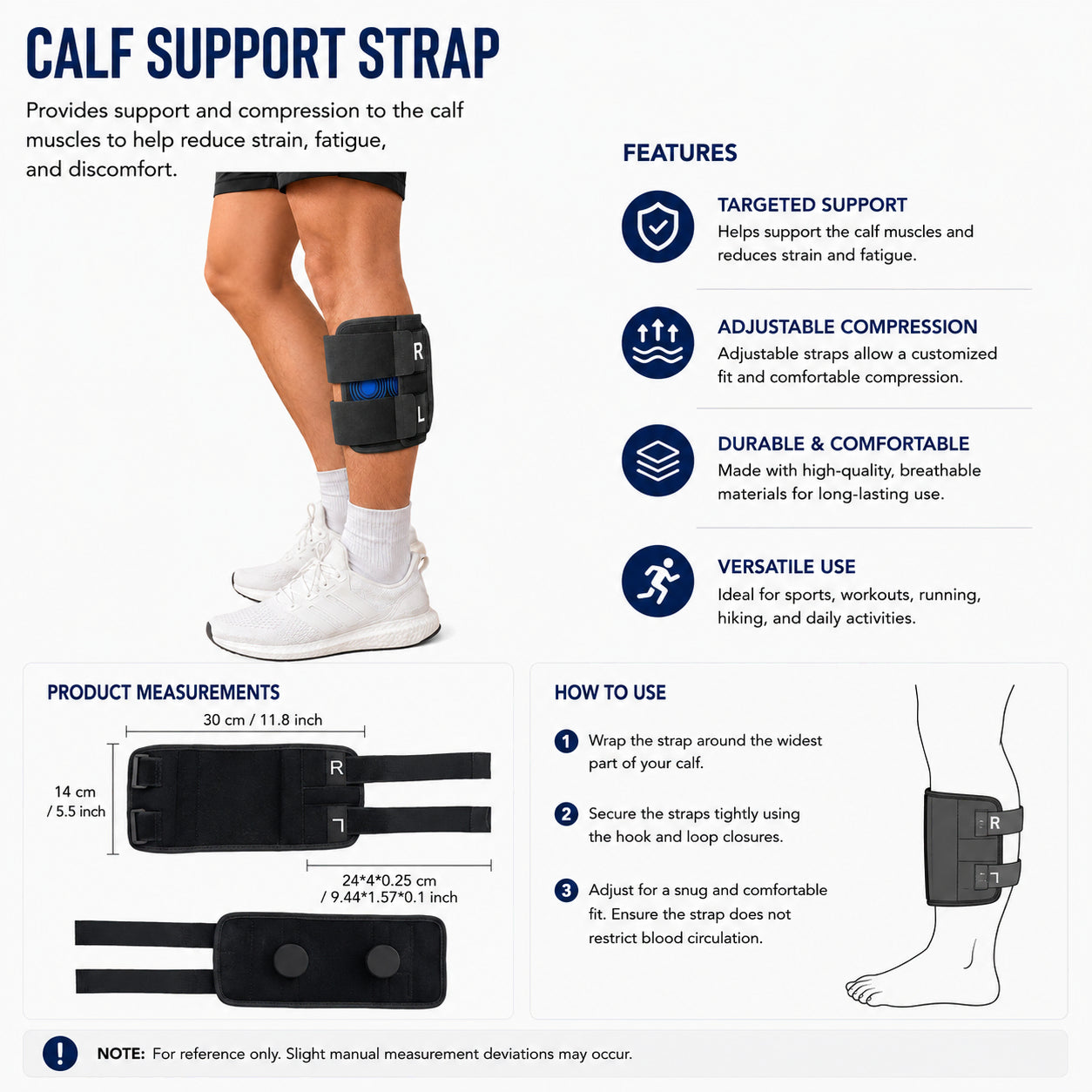 Soutien de mollet avec compression, dimensions du produit, guide d'utilisation et présentation des caractéristiques du soutien.