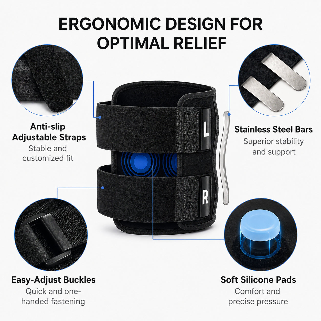 Soutien de mollet avec compression montrant des sangles réglables, des coussinets en silicone, un renfort métallique et des boucles pour un soutien stable.
